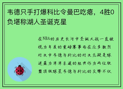 韦德只手打爆科比令曼巴吃瘪，4胜0负堪称湖人圣诞克星